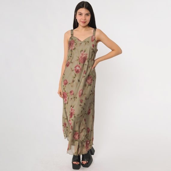 90s Floral Maxi Dress Soft Grunge Rose Print Sheer Overlay Sage Green Pink Slip Style Sleeveless Long Vintage Romantic Alternative Petite 8P