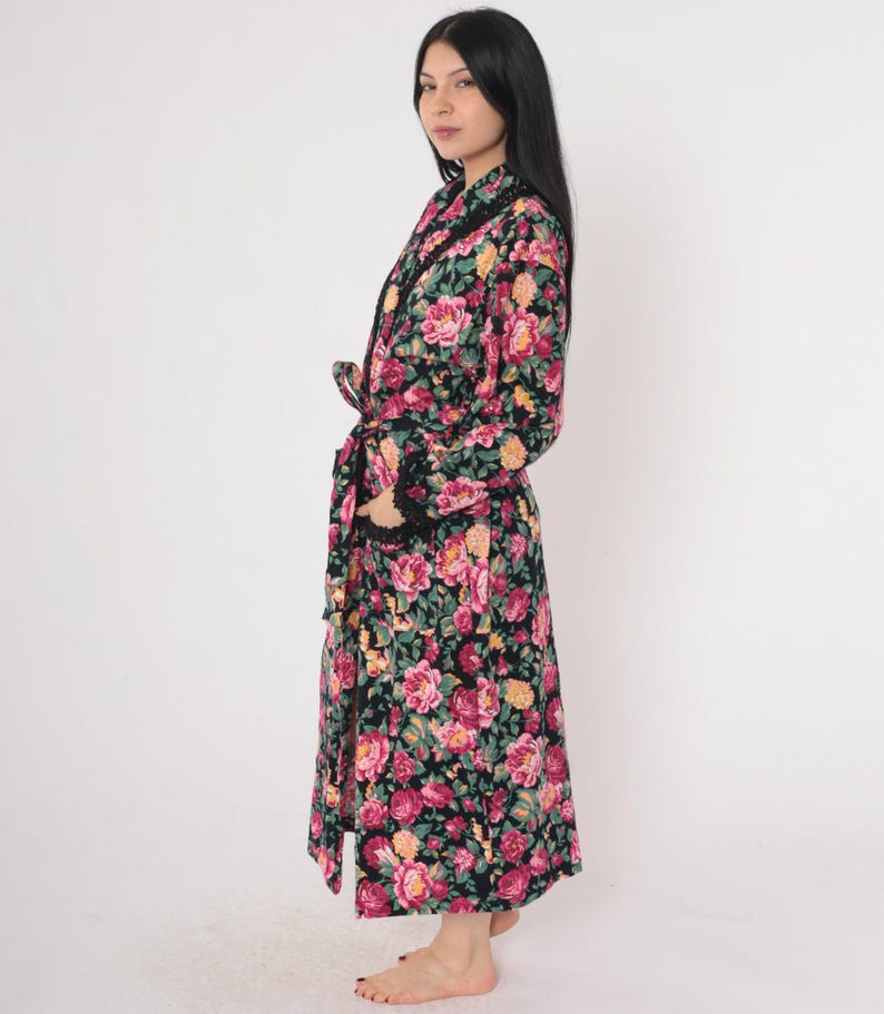 90s Victoria's Secret Robe Floral Dressing Gown Pink Black Lace Trim ...
