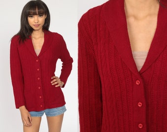 Red  Cable Knit Cardigan 70s Boho Sweater Grandma Sweater Cableknit Button Up 80s Vintage Bohemian 1970s Shawl Neck Nerd Geek Medium