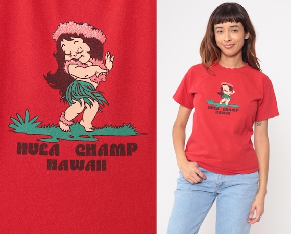 Hula Dancer T-Shirt Y2K Hawaiian Red Hawaii Tourist Tee Cotton Vintage Tropical Island Crew Neck Summer Vacation Beach Competition Small S
