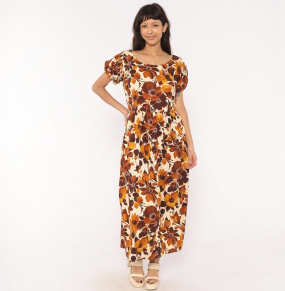 70s Floral Maxi Dress Brown Puff Sleeve Scoop Neck Cotton Empire Waist Prairie Cottagecore Autumn  Flower Print Ankle Length Large L