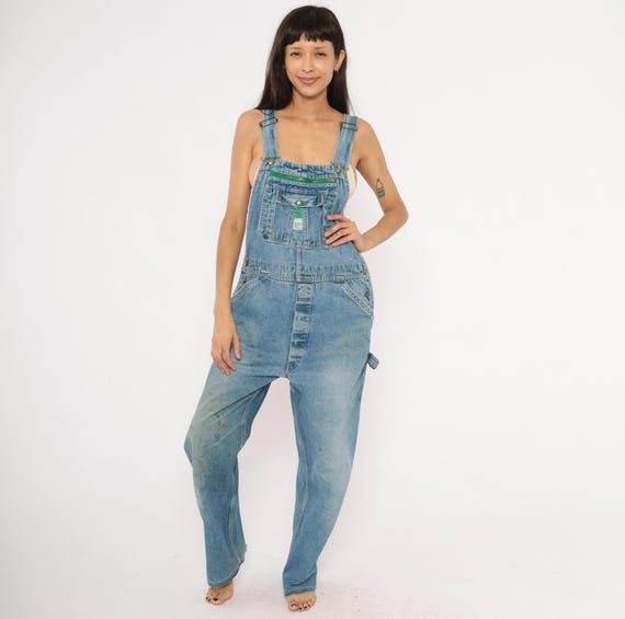 Liberty Overalls 90s Denim Bib Carpenter Dungarees Green Chest Pocket Workwear Blue Jean Cotton Straight Leg Full Length Coveralls Medium M