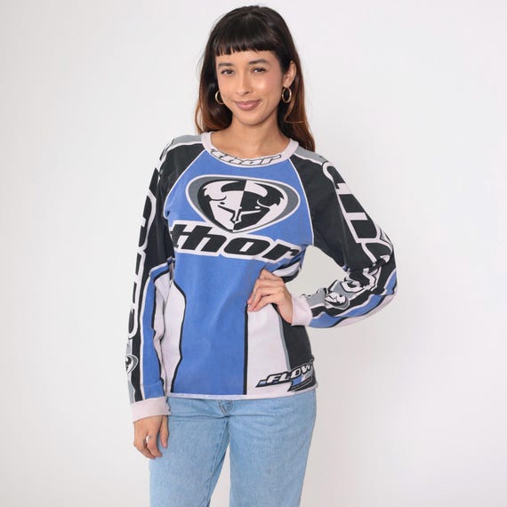 Vintage 90s Thor Motocross Jersey Long Raglan Sleeve Graphic Top Athletic Dirt Bike Shirt Blue Black Small