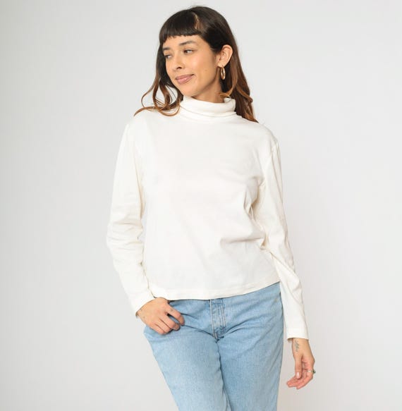 Off-White Turtleneck Shirt Y2K Long Sleeve Shirt Basic Retro Simple Turtle Neck Top Plain Casual Blouse Vintage 00s Medium M