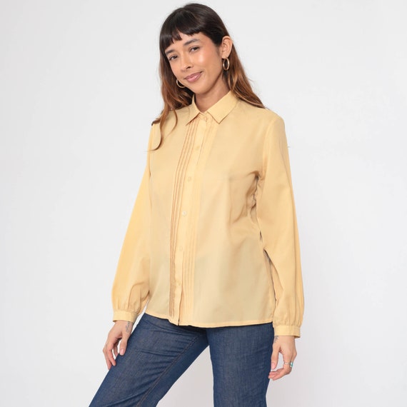 Yellow Pleated Blouse 80s Secretary Top Long Sleeve Collared Shirt Retro Secretary Button Up Chic Vintage 1980s Large L