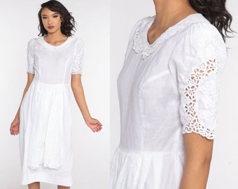 White Lace Dress 80s Peasant Lace Dress Linen Cotton Boho Puff Sleeve Dress Apron Midi Vintage Hippie Bohemian Slouchy High Waisted Small