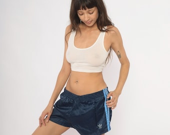 Pantalones cortos Adidas Sprinter de los 80, azul marino brillante, deportivos, para correr, pista, tres rayas, abertura lateral, cintura elástica, talla L para hombre.