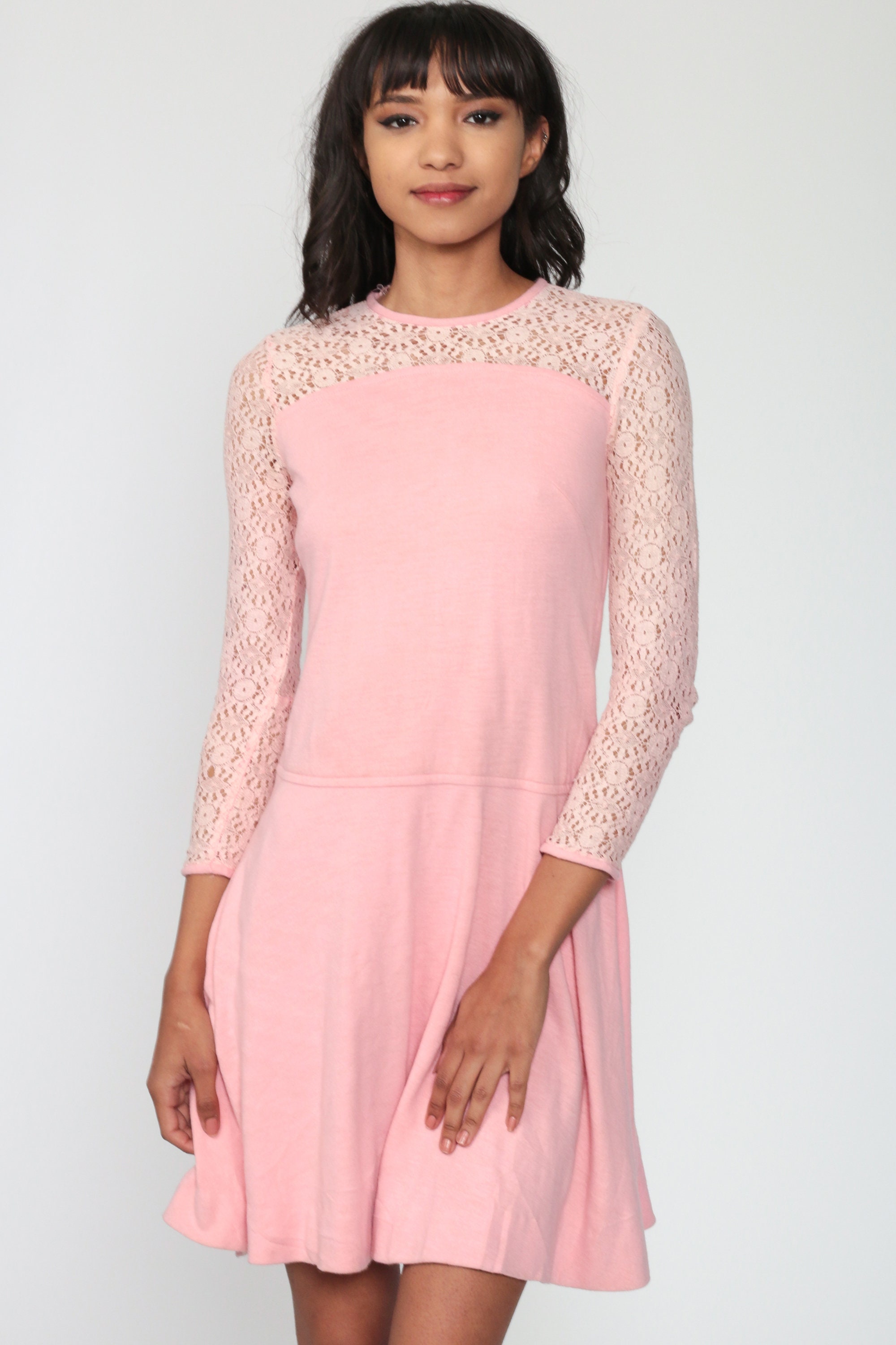 Baby Pink Dress LACE Sleeve 60s Mini Dress 60s Mod Party