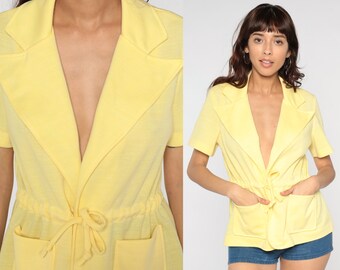 70s Yellow Top Tie Front Blouse Collared Shirt Deep V Neck Oversized Notched Collar Boho Short Sleeve Retro Mod Vintage 60s Medium