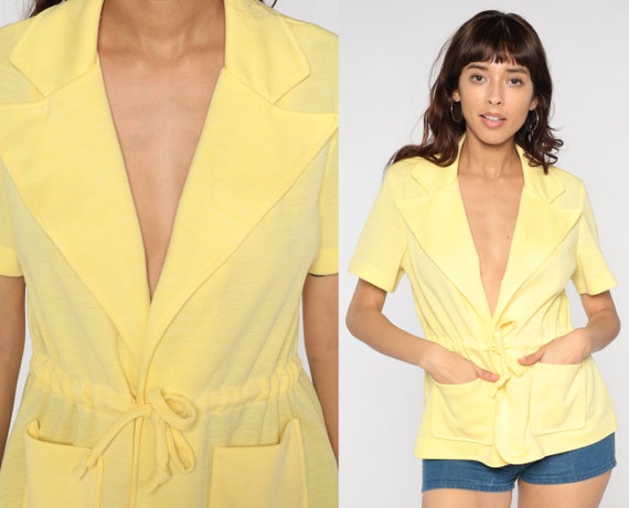 70s Yellow Top Tie Front Blouse Collared Shirt Deep V Neck