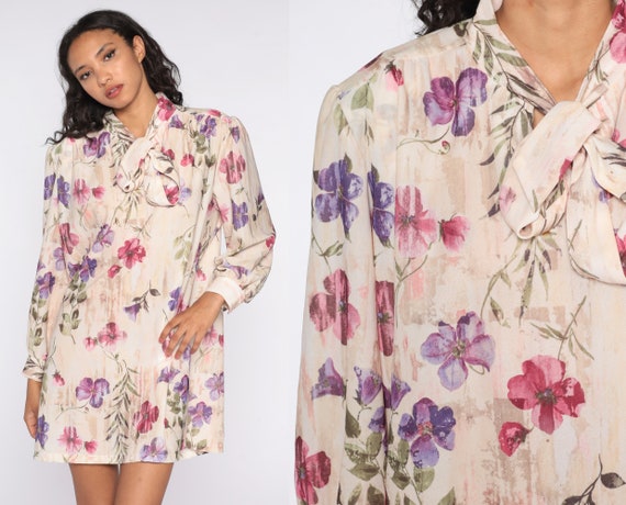 Floral Mini Dress 70s ASCOT Necktie Plus Size Top Boho Bohemian Shift 80s Long Sleeve Blouse Vintage Minidress xxl 2xl 2x