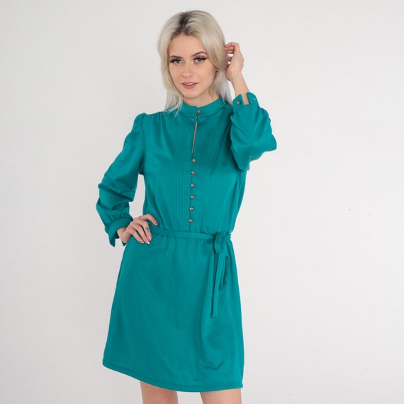 Teal Green Dress 80s Mini Dress Pleated Button Up… - image 4