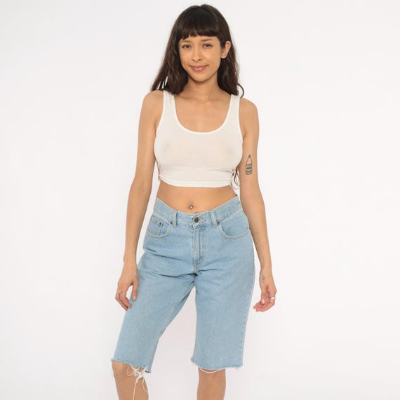 Light Wash Denim Shorts LL Bean Cutoff Jean Bermuda High Waist Cotton Raw Hem Blue Faded 2000s Summer Casual Vintage Women's Medium M