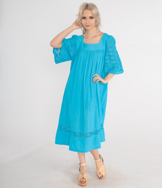 Turquoise Blue Tent Dress 90s Cutout Lace Cotton Midi Dress Cut Out Bell Sleeve Trapeze Hippie Summer Tiered Vintage 1990s Medium M