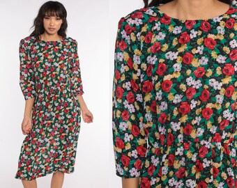 80s Floral Dress Red Rose Dress Green Puff Sleeve Dress Midi Dress 70s Secretary Vintage Boho High Waisted Bohemian 1980s Small Medium