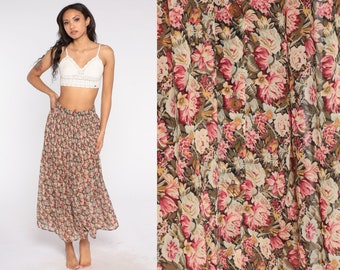 90s Floral Maxi Skirt Gauze Broomstick Pleated Button Up Skirt Grunge Boho Long Hippie Festival Bohemian Retro Flowy Vintage 1990s Medium M