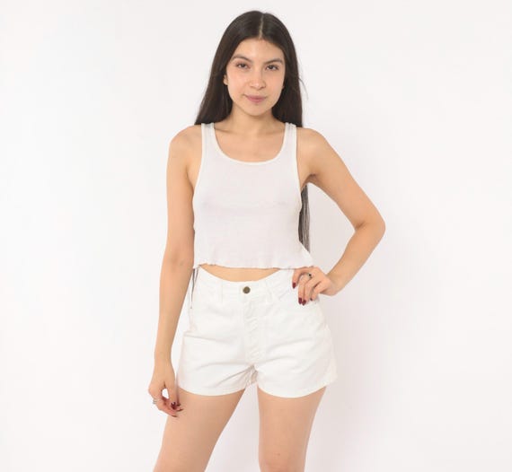 90s White Denim Shorts High Waist Cotton Jean Cutoffs Mom Short Summer Preppy Cream Five Pocket Minimalist Vintage Bottoms Extra Small XS