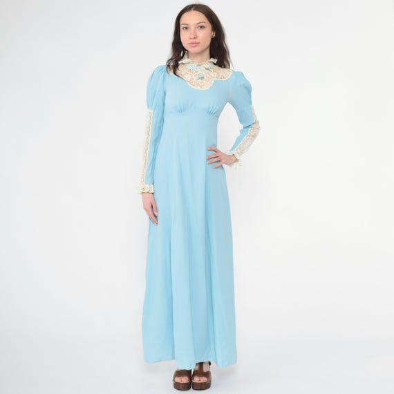 70s Victorian Maxi Dress Blue Lace Yoke Boho Romantic High Neck Long Puff Sleeve 1970s Bohemian Prairie Cottagecore Formal Extra Small xs