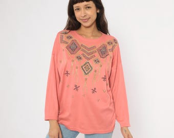 90s Southwestern Sweatshirt Coral Pink Embellished Tribal Gold Beaded Cotton Top Rose Salmon Aztec Geometric Necklace Graphic Tee Medium M