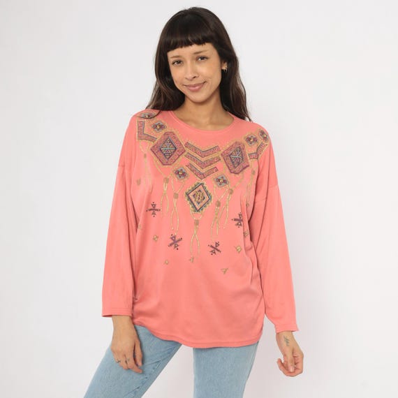90s Southwestern Sweatshirt Coral Pink Embellished Tribal Gold Beaded Cotton Top Rose Salmon Aztec Geometric Necklace Graphic Tee Medium M