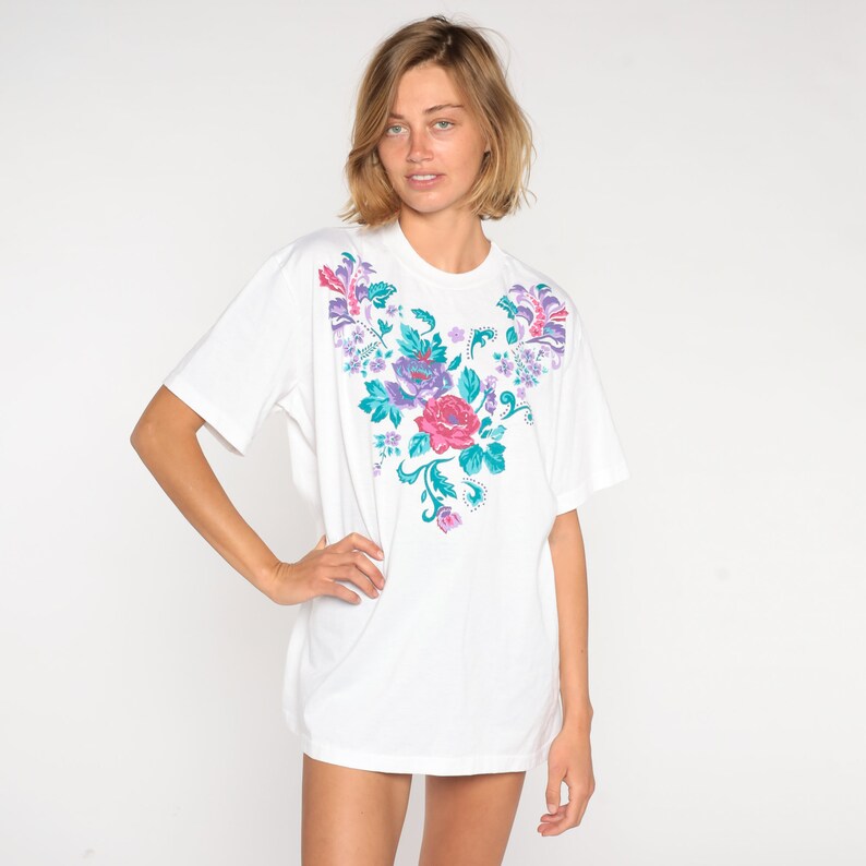 Flower T-Shirt 90s Floral Print Shirt Colorful Rose Graphic Tee Retro Girly Gardening TShirt Bohemian Top White Vintage 1990s Extra Large xl image 4