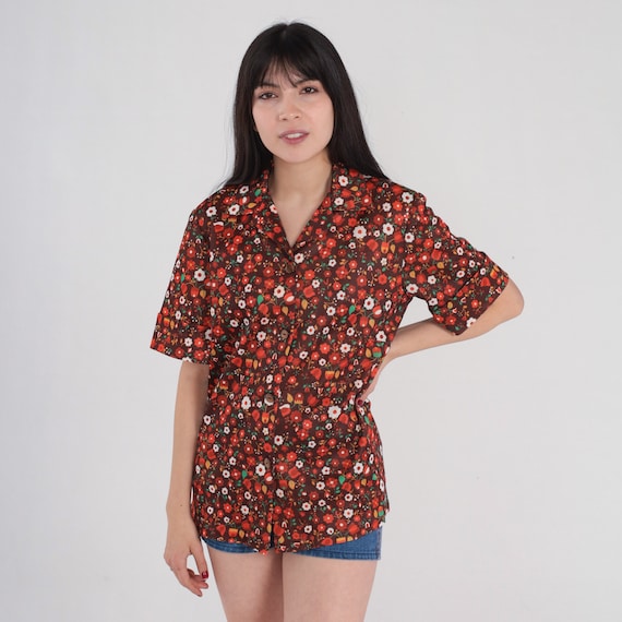 Brown Floral Shirt 70s Button Up Blouse Groovy Flower Power Print Top Retro Hippie Seventies Summer Short Sleeve Red Vintage 1970s Large