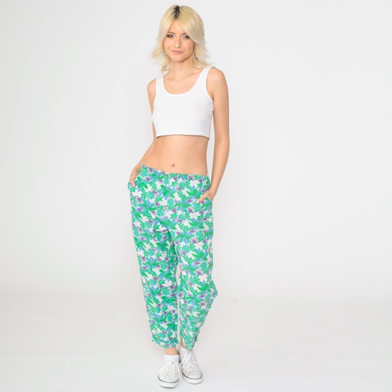 Vintage Baggy Floral Pants 90s Catalina Tropical Tapered Relaxed Pants Green Purple Periwinkle High Waist Pants Flower Trousers Small Medium