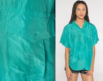 Turquoise Silk Shirt Button Up Shirt 90s Short Sleeve Blouse 1990s Oversized Streetwear Vintage Retro Plain Top Medium