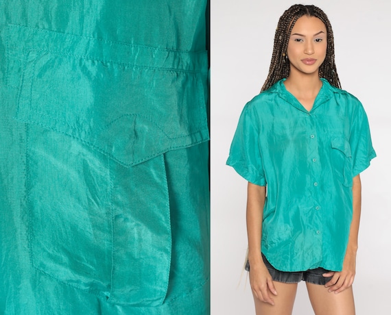 Turquoise Silk Shirt Button Up Shirt 90s Short Sleeve Blouse 1990s Oversized Streetwear Vintage Retro Plain Top Medium