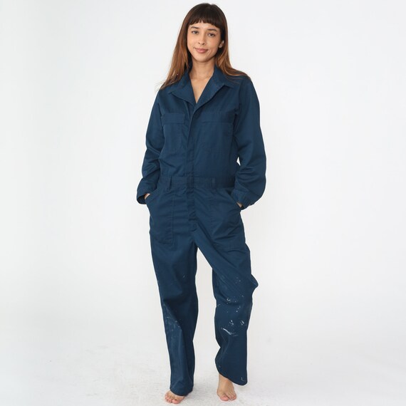 Navy Jumpsuit 90s Paint Splatter Coveralls Long Sleeve Blue Boilersuit Workwear Boiler Suit Work Wear Vintage 1990s Men's 40 R Medium