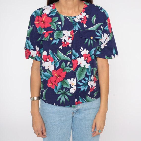Tropical Floral Blouse 80s Button Up Short Sleeve… - image 6