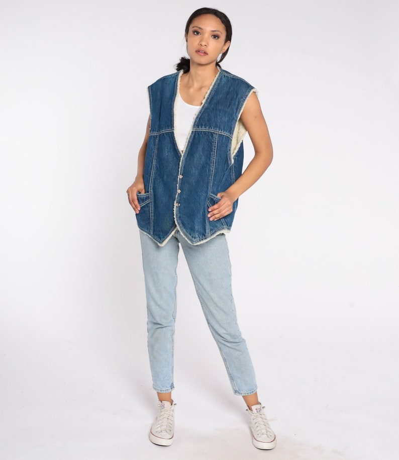 Denim Shearling Vest 70s Sherpa Denim Vest Retro Jean Vest Etsy