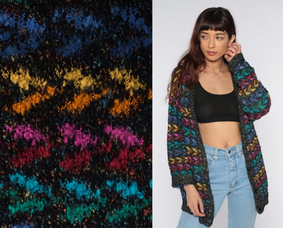 Metallic Knit Cardigan 80s Rainbow Geometric Sparkly Sweater Multi Color Black Green Purple Button Up Boho Retro Vintage Oversize Small S