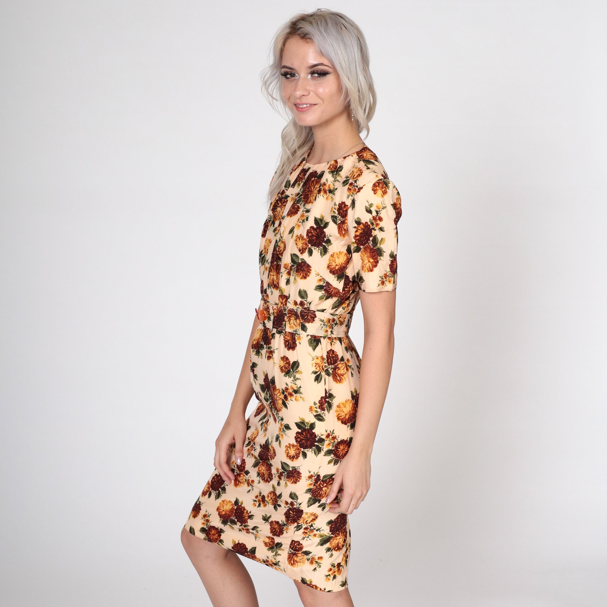 60s Floral Dress Midi Peach Brown Flower Print Mod Sheath Day Dress ...