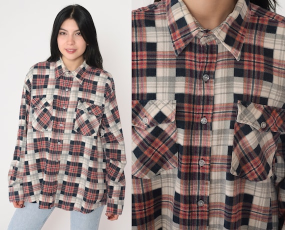 90s Flannel Shirt Plaid Button up Shirt Grunge Lumberjack Long Sleeve Boyfriend Checkered Print Vintage 1990s Mens Extra Large xl 17 1/2