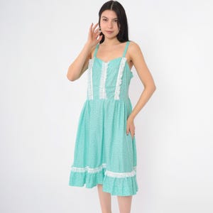 Vintage 80s Green Prairie Dress Lace Trim Sweetheart Neck Sundress Floral Print Ruffle Hem Cottagecore Midi Sun Dress Sleeveless 1980s Large