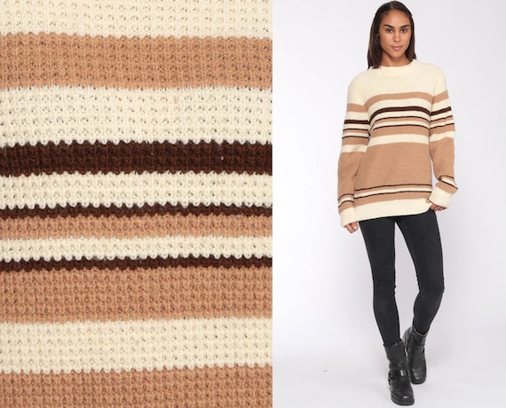 Brown Sweater Striped Sweater Knit 80s Pullover Sweater Cream Retro Nerd Slouch Hipster Jumper Vintage Grunge Small Medium