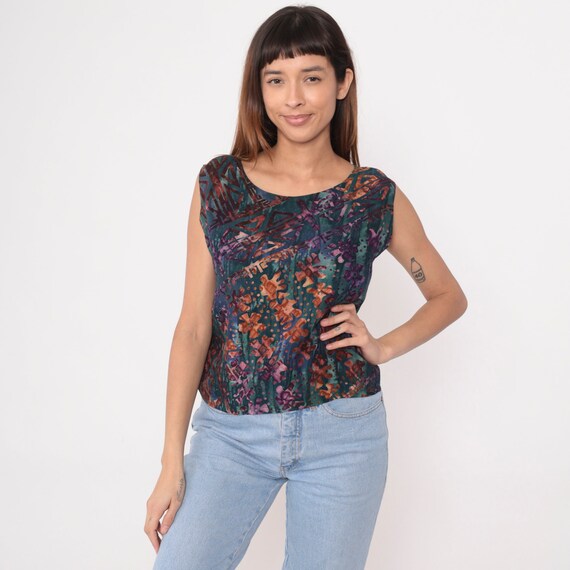 Tie Dye Tank Top Y2K Floral Blouse Geometric Blouse Boho Sleeveless Shirt Green Blue Purple Orange Flower Print Rayon Vintage 00s Small S