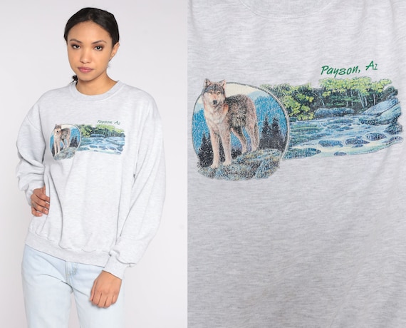 Payson Arizona Sweatshirt 90s Wolf Shirt Retro Wildlife Forest Creek Animal Graphic Sweater AZ Tourist Hipster Vintage 1990s Jerzees Medium