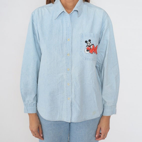 Mickey Mouse Shirt 90s Disney Denim Button Up Blo… - image 6