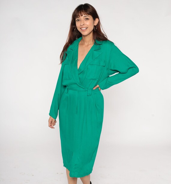 Green Midi Dress 80s Secretary Dress Retro Button Up Wrap Pencil Dress Front Slit Deep V Neck Pockets Long Sleeve Vintage 1980s Small Medium