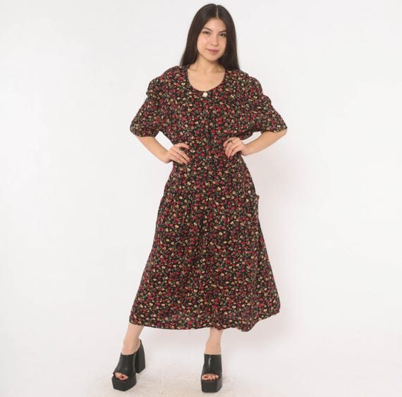 90s Tulip Print Maxi Dress Black Red Floral Button Front Pearl Accent Puff Sleeve Prairie Cottagecore Pocket Long Vintage Extra Large XL