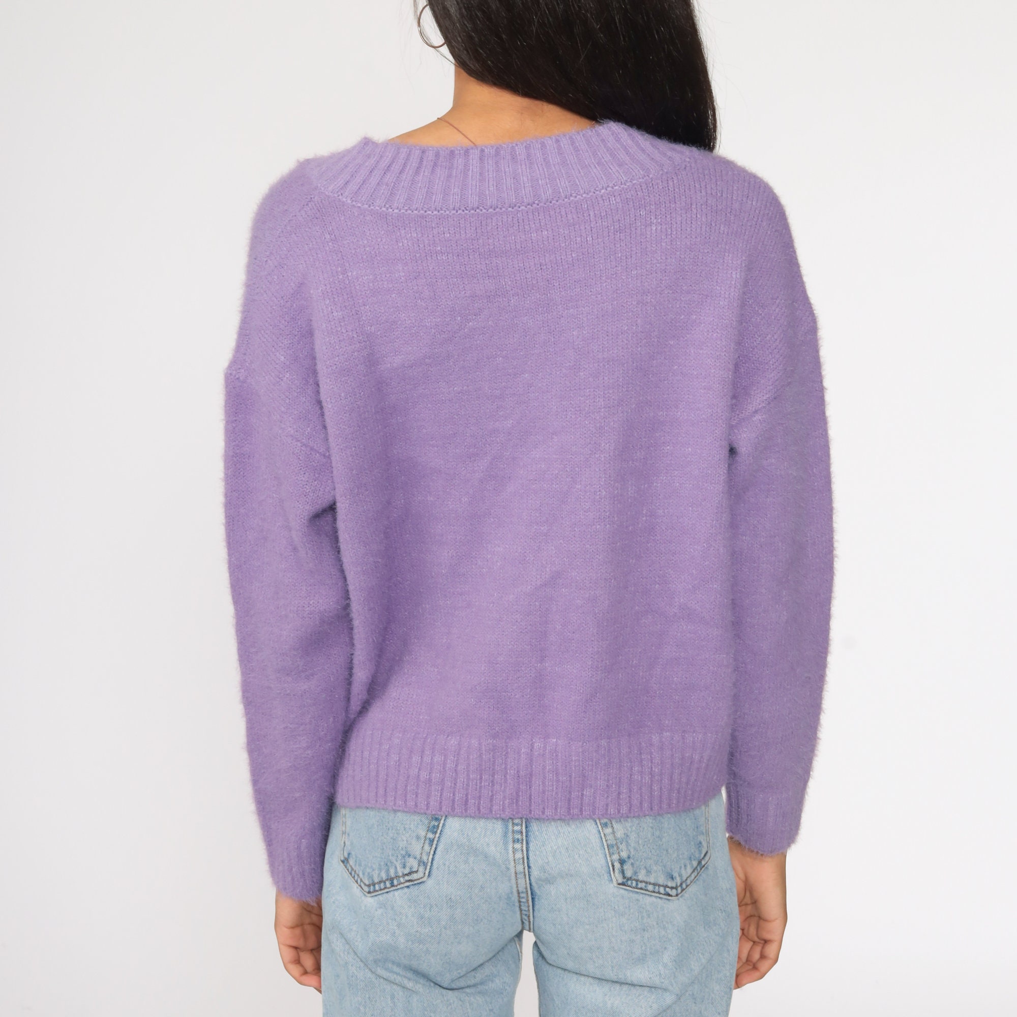 Lavender Sweater V Neck Sweater 80s Plain Purple Knit Pullover Etsy