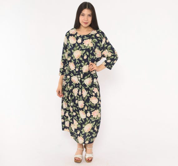 90s Peony Floral Dress Navy Cream Drop Waist Midi Button Front Three Quarter Sleeve Scoop Neck Pleated Skirt Garden Prairie Cottage Large L