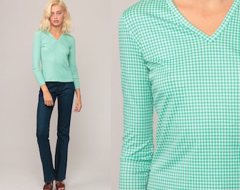 V Neck Shirt Checkered Houndstooth Shirt 70s Long Sleeve Top Retro Blouse Vintage T Shirt 1970s Green White Small Medium