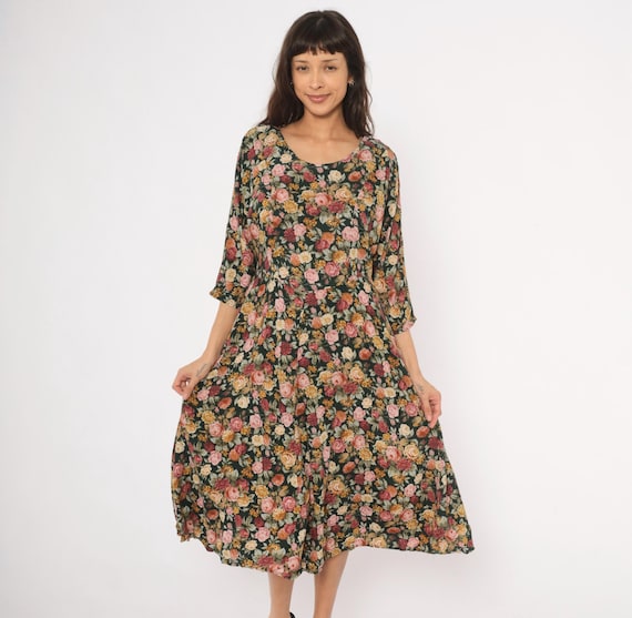 90s Floral Midi Dress Dark Garden Rose Print Scoop Neck Three Quarter Sleeve Cottagecore Prairie Black Pink Burgundy Wine Vintage Large L