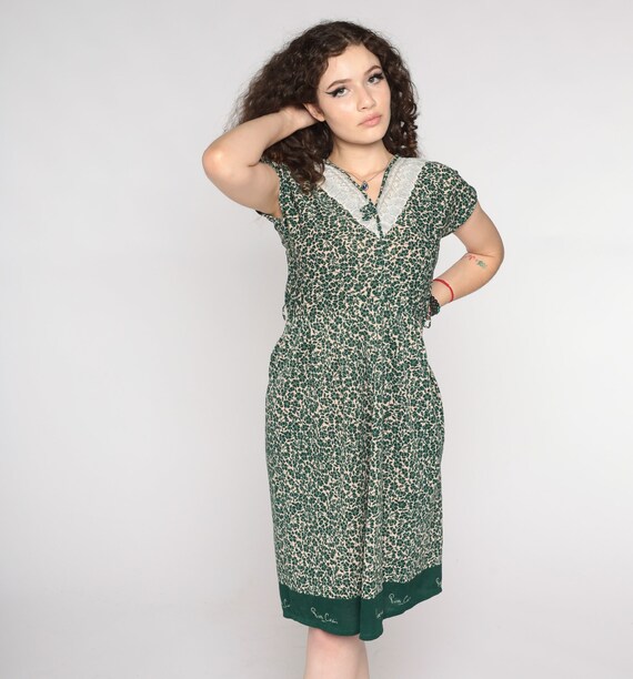 80s Floral Dress Pierre Cardin Green Flower Print Dress Short Cap Sleeve High Waist Midi V Neck Lace Day Dress 1980s Vintage Small S