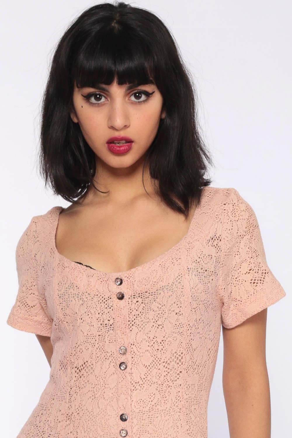 90s Pink LACE Dress Sheer 90s Maxi Grunge Floral Boho Dress Fitted