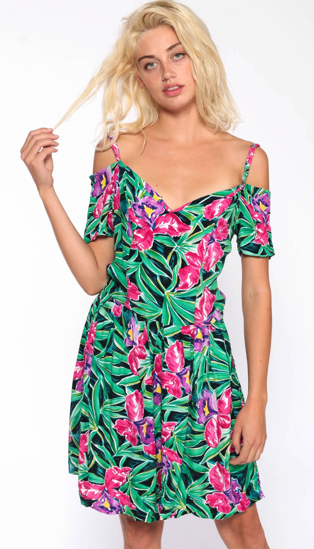 Off Shoulder Romper Dress 80s Floral Tropical Sundress Mini Jungle ...