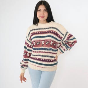 Vintage Woolrich Sweater 90s Cream Knit Floral Sheer Stripe Pullover Crew Neck 1990s Cottagecore Soft Grunge Cozy Winter Knitwear Medium M